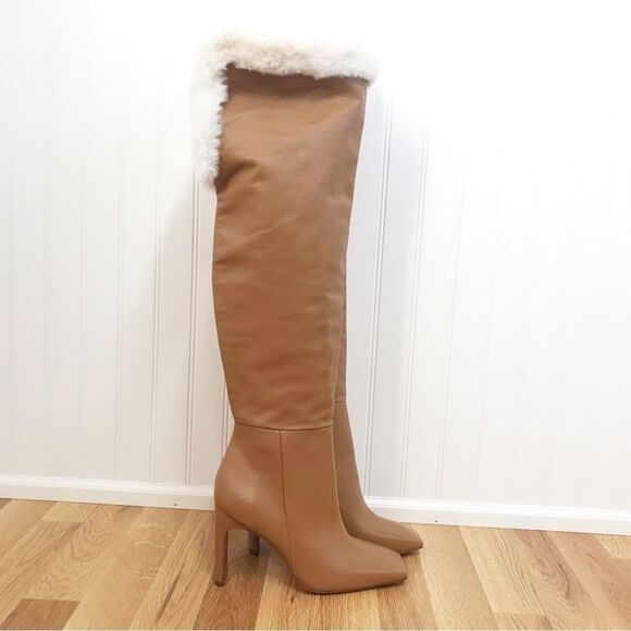 BCBGMAXAZRIA Tan Leather Over The Knee Boot Faux Fur High Block Heel Size 7 - Picture 2 of 16